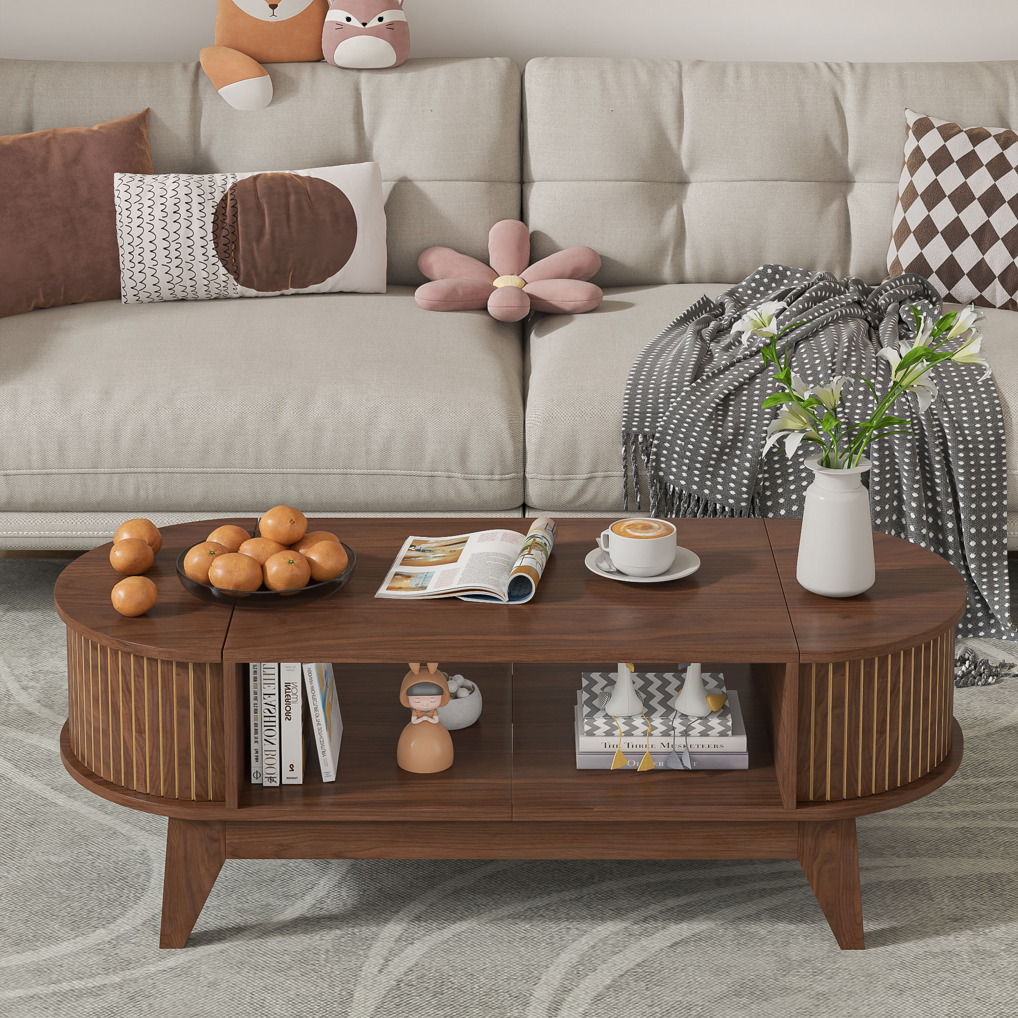 Oliver 46.45" Oval Shaped Coffee Table With Storage, Fluted